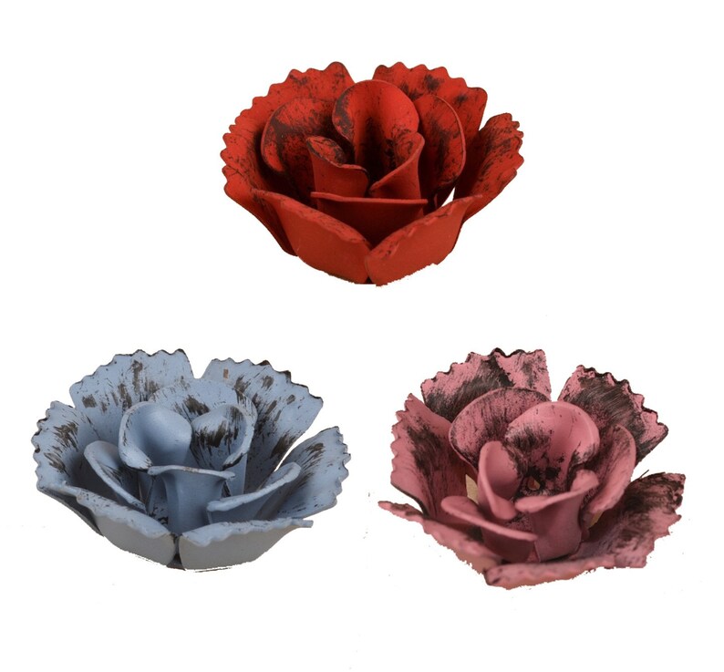 A dozen hand painted small bi-color tin roses in powder blue, pink, and red image 1