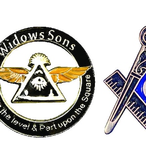 May include: A set of seven Masonic pins featuring various symbols and designs, including a fez, a compass and square, and a winged eye. The pins are made of metal and have a gold and blue color scheme.
