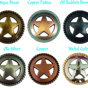 May include: Six different metal star-shaped buttons with a rope-like border. The buttons are in the following finishes: antique brass, copper patina, oil rubbed bronze, old silver, copper, and nickel gold.