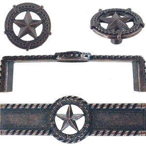 May include: Set of three rustic bronze cabinet pulls featuring a five-pointed star design within a rope-like border. The pulls are available in a knob, a small pull, and a larger pull.