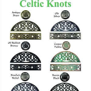 May include: Celtic knot door hardware in various finishes, including antique brass, old silver, oil rubbed bronze, copper patina, brushed nickel, and raven black.