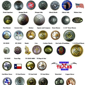 May include: A collection of circular metal emblems and pins featuring various designs including military insignias, Masonic symbols, religious icons, Texas-themed motifs, and skull imagery, each labelled with text identifying the specific design.