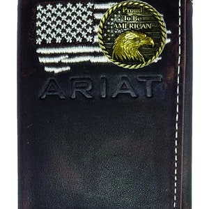 Carteira de couro tripla dobrável ARIAT Ghost Flag personalizável (marrom com (bandeira preta/branca)