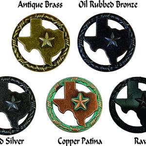 May include: Five different metal Texas state outline wall decor pieces with a barbed wire border. The finishes are Antique Brass, Oil Rubbed Bronze, Old Silver, Copper Patina, and Raven.