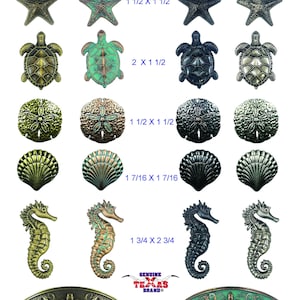 May include: A collection of nautical themed cabinet knobs and pulls in various finishes, including gold, silver, and green. The knobs feature starfish, sea turtles, sand dollars, seashells, and seahorses. The pulls feature a sea turtle design with a 3 inch center distance. The text "Genuine Texas Brand" is visible in the image.