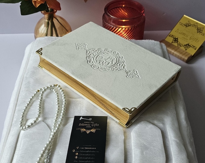 Velvet Quran Gift Set, Soft Prayer Mat, Pearl Tasbih, Islamic Eid Ramadan Gift