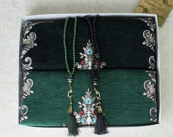 Couples Prayer Mat Set, Velvet Sejadah, Pearl Tasbih, Islamic Wedding Gift