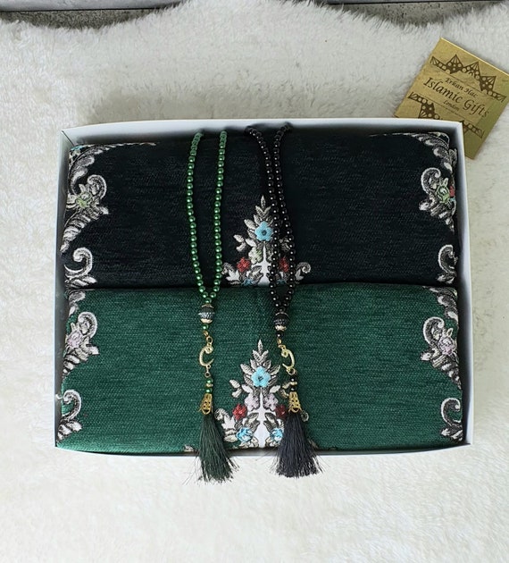 Couples Prayer Mat Set, Velvet Sejadah, Pearl Tasbih, Islamic Wedding Gift