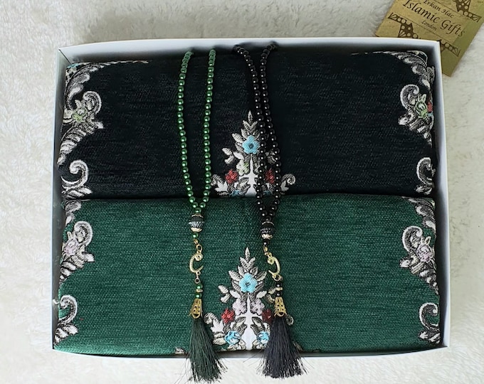 Couples Prayer Islamic Gift, Sets of Two Prayer mats 2 Tasbehs, Wedding Sejadah gift Bride, Bridemaids gift, Hajj, Umrah Eid Quran Salah