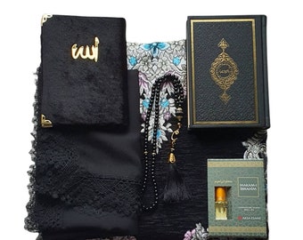 Benutzerdefinierte Dicke Gebetsmatte Koran + Dua Book Hijab + Tasbeh + Essence FULL SET Nikaah Geschenk Eid Mubarak Hifz Koran Completion Ramadan Valentinstag Geschenke