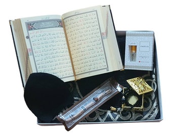 Personalized Black Ramadan Gift Set: Embroidered Quran, Prayer Mat & Beads