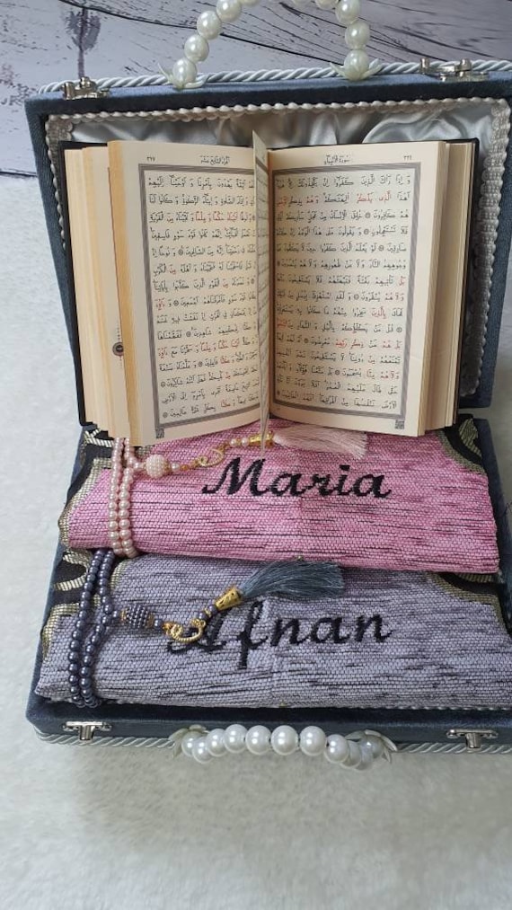 Personalized Islamic Gift Set: Quran, Prayer Mat, Pearl Tasbih