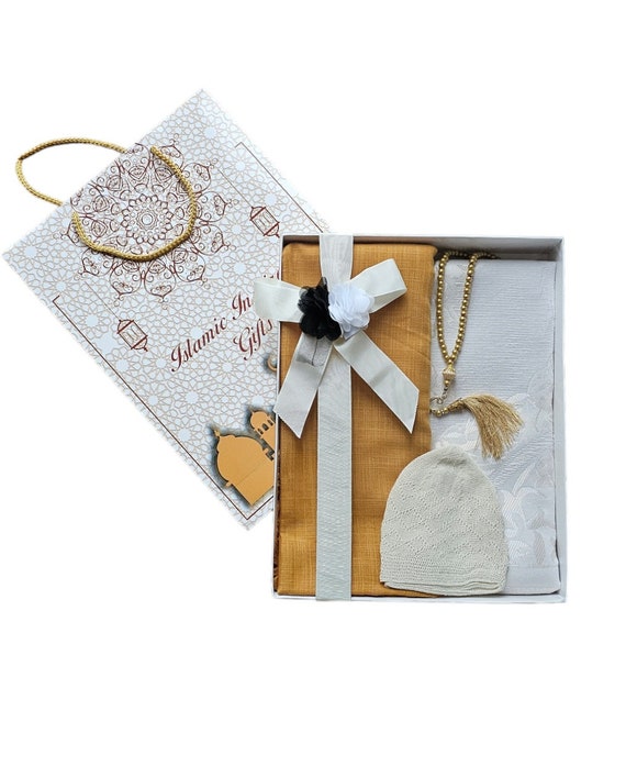 4 Pieces Personalized Prayer Mat+Hijab+Prayer hat+Tasbih, Islamic Gift Box, Ramadan Eid Gift,Wedding, Muslim Graduation Gift Anniversary set