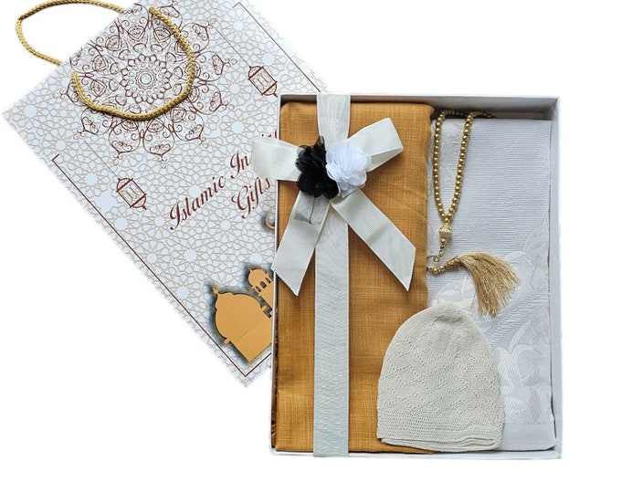 4 Pieces Personalized Prayer Mat+Hijab+Prayer hat+Tasbih, Islamic Gift Box, Ramadan Eid Gift,Wedding, Muslim Graduation Gift Anniversary set