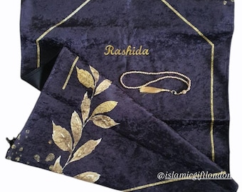 Personalized Velvet Prayer Rug with Pearl Tasbeeh: Islamic Gift