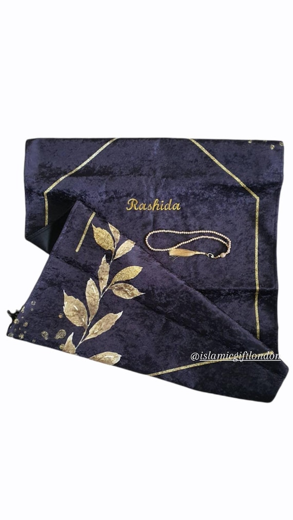 Personalized Velvet Prayer Rug with Pearl Tasbeeh: Islamic Gift