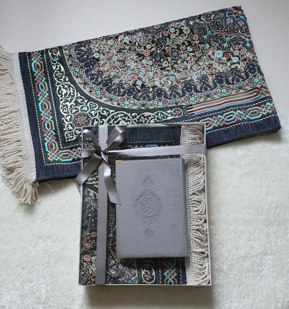 Grey Velvet Prayer Rug Gift Set | Quran, Islamic Wedding, Anniversary