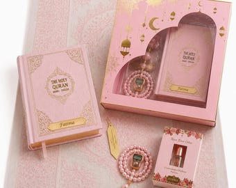 Personalised Quran Prayer Mat Gift Set, Arabic English Translation, Islamic Muslim Eid Gift