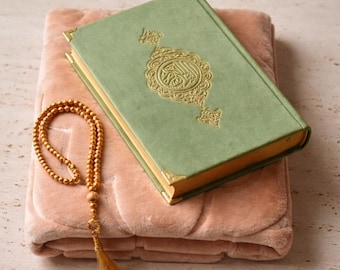 Velvet Quran Gift Set, Soft Prayer Mat, Pearl Tasbih, Islamic Eid Ramadan Gift