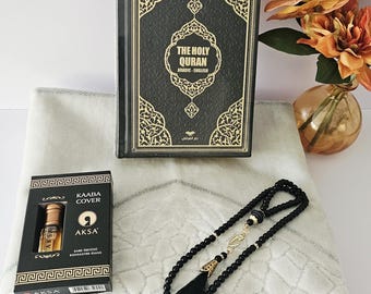 Personalized Islamic Gift Set:English Quran, Prayer Rug, Tasbih, Attar Oil