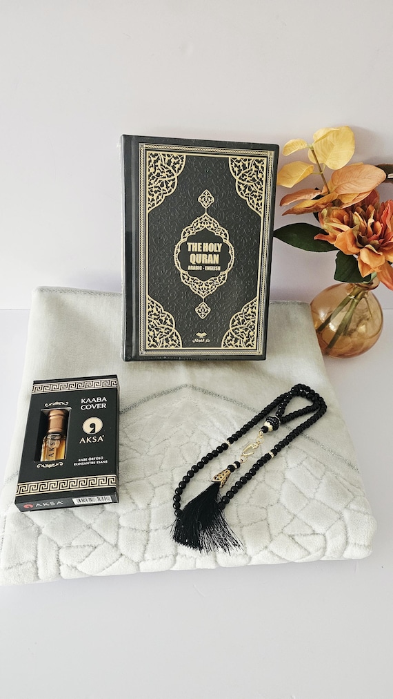 Personalized Islamic Gift Set:English Quran, Prayer Rug, Tasbih, Attar Oil