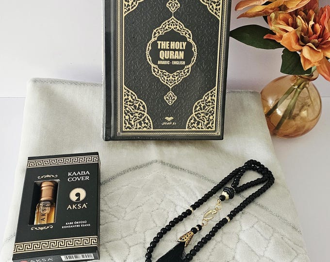 Personalized Islamic Gift Set:English Quran, Prayer Rug, Tasbih, Attar Oil