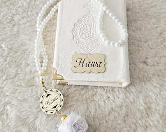Custom Velvet Quran Gift Set: Pocket Size, Pearl Tasbeeh
