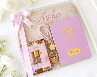 Affordable Personalised Islamic Prayer Gift Set: Cotton Travel Mat, Oud, dua counter, tasbeh