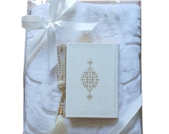 White Prayer Rug Gift Set: Soft Musala, Pearl Tasbeeh & Quran