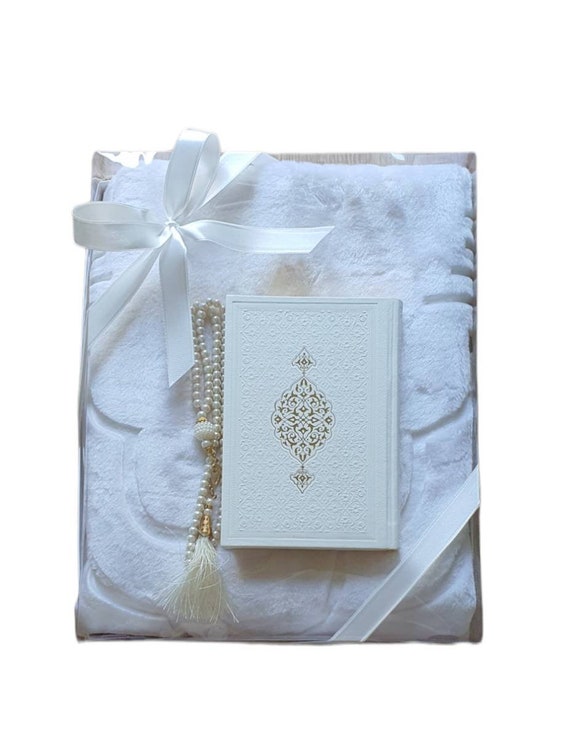 White Prayer Rug Gift Set: Soft Musala, Pearl Tasbeeh & Quran