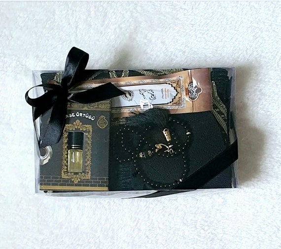 Personalized Muslim Prayer Set: Chenille Prayer Rug, Hat, Oud Essence
