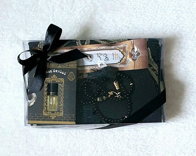 Personalized Muslim Prayer Set: Chenille Prayer Rug, Hat, Oud Essence