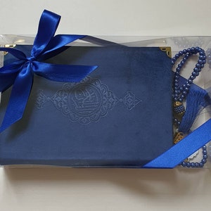 Velvet Qur'an Al-Kareem Holy Quran Book Arabiq Language Uthmani Script Kuran, Best Father's Gift for him Salah Gift, Muslim Quran Book Navy