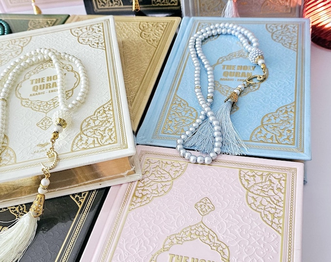 English Arabic Translated Quran Set: Faux Leather, Tasbih & Magnet