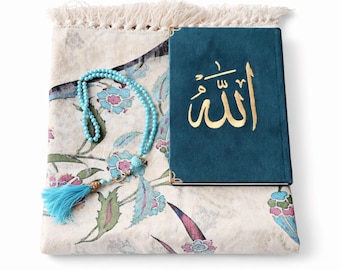 Blue Torquise Prayer Rug & Velvet Quran Set with Tasbih – Islamic Gift