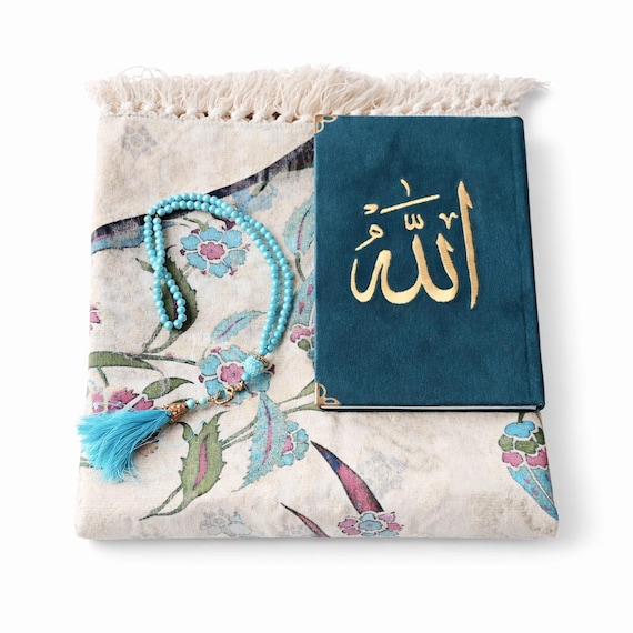 Blue Torquise Prayer Rug & Velvet Quran Set with Tasbih – Islamic Gift