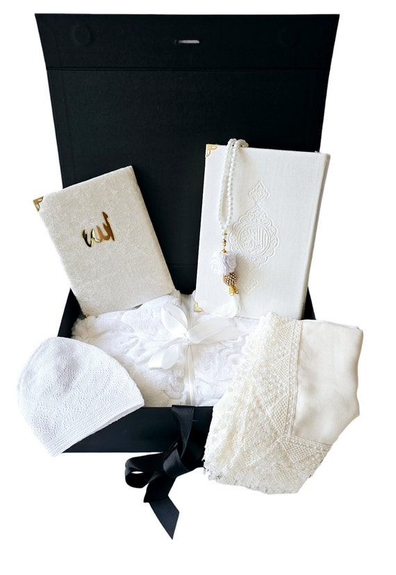 Luxury White Bride Wedding Prayer Set: Quran, Rug, Hijab, Tasbeh