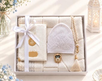 Customised Prayer Mat English Arabic Quran Tasbeh,Pouch,Duamatic Islamic gift set, Eid Ramadan Birthday Anniversary Umrah Hajj New Couple