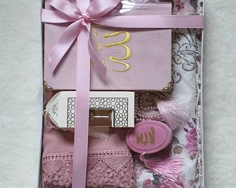 Personalized Islamic Gift Set: Embroidered Quran, Prayer Rug, Satin Scarf