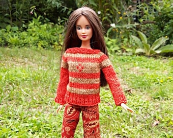 trui en broek in bruin en rood voor poppen als Barbie