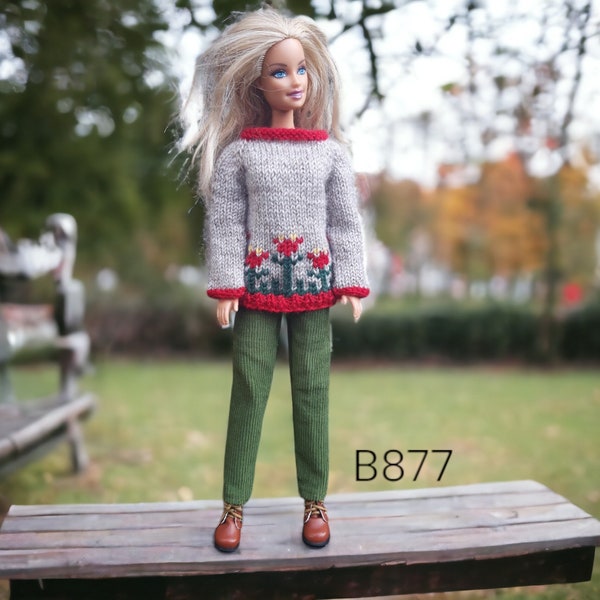 Homemade beige sweater with flowers and darkgreen babycord pants for dolls like Barbie