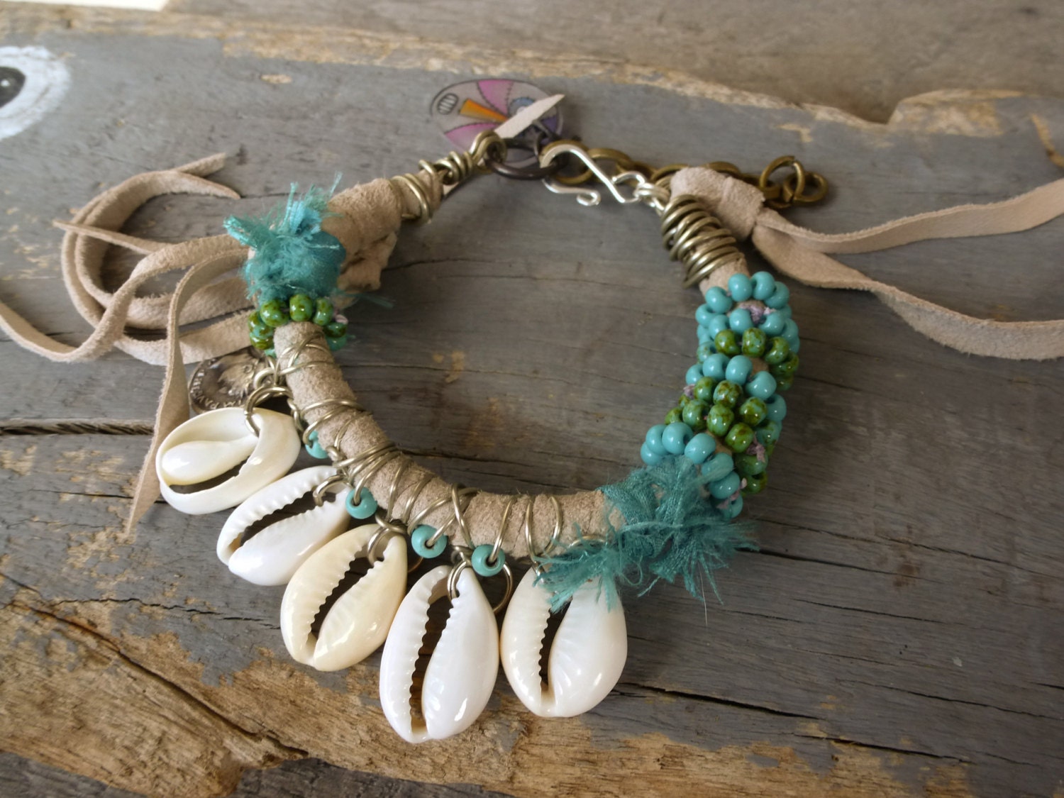 Beach bracelet leather fringe w turquoise Cowrie shell | Etsy