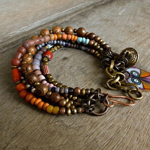Rustic, Ethnic multi strand bracelet, Hippie, Boho, Gypsy bracelet, Bell, Tribal bracelet, Trade bead, layered bracelet.