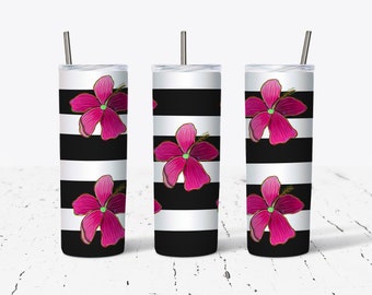 20 oz tumbler wrap, png, digital download, black, white, pink, hibiscus flower
