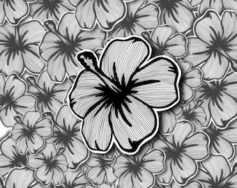 Black and White Lineart Hibiscus Flower Sticker, Tropical, Summer, Beach, DieCut Sticker, Waterbottle sticker, Vinyl Sticker, Laptop sticker