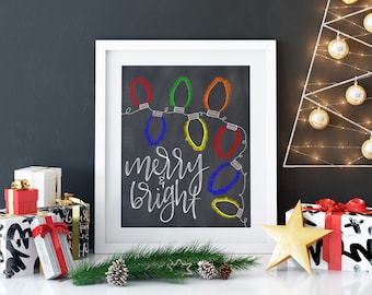 Merry and Bright Christmas Decoration Chalkboard Art Print