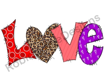 Love with red, pink, purple, and leopard print heart, Png Sublimation Digital Download