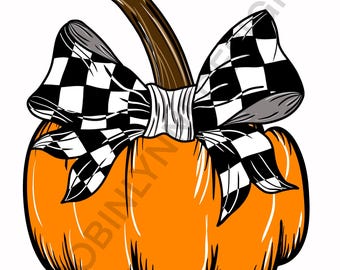 Pumpkin with black and white checkered bow, PNG, fall, Halloween, decor