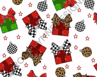 Checkered, leopard print bows on Christmas presents with ornament seamless pattern.  Digital download, digital paper.