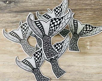 Black White Zendoodle Mermaid Tailer Sticker, Tropical, Summer, Beach, DieCut Sticker, Waterbottle sticker, Vinyl Sticker, Laptop sticker
